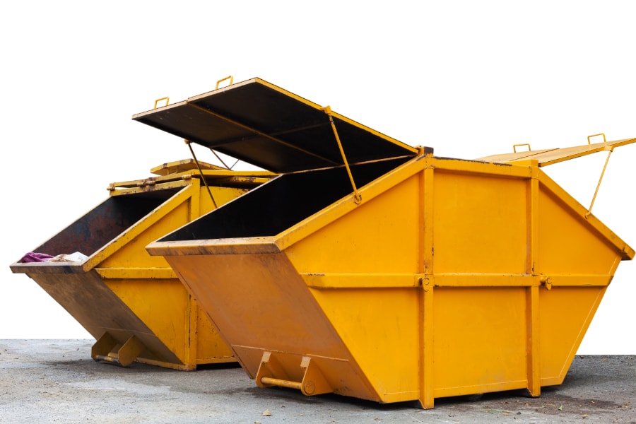 2 yellow Enclosed skips with lids which are open on white background